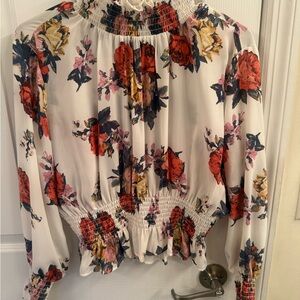 Shinestar Floral Smocked Blouse - Cream and Red